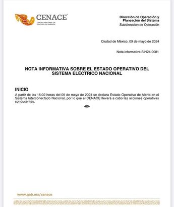 Cenace emite Estado de Alerta Operativo el 9 de mayo, por apagones en Puebla y México / Cortesía