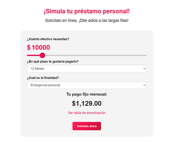Simulador de préstamo personal Financiera Monte de Piedad