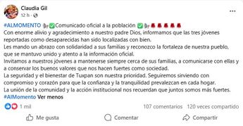 La alcaldesa de Tuxpan confirmó la localización de las jóvenes. | Claudia Gil vía Facebook