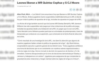Comunicado Detroit Lions jugadores separados / CORTESÍA: @Lions