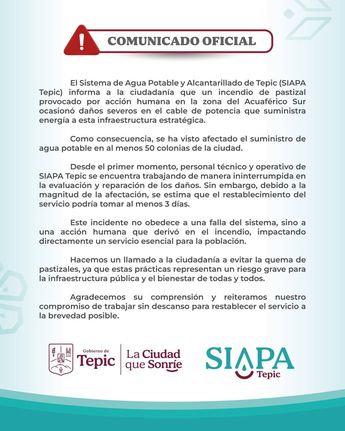 Comunicado sobre los daños en el sistema de agua. | Siapa Tepic