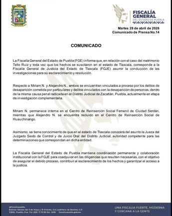 Comunicado Fiscalía de Puebla sobre el caso del matrimonio Tello Ruiz / @FiscalíaPuebla