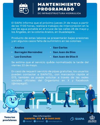 Anuncio de corte de agua por trabajos en Analco. | Siapa GDL
