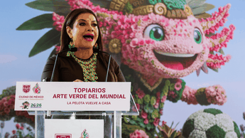 Conferencia de Clara Brugada en el parque Galindo y Villa sobre las estructuras gigantes rumbo al mundial 2026 I Cuartooscuro