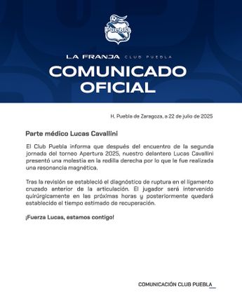La Franja reveló la baja de Lucas Cavallini, sin anunciar tiempo estimado para su regreso a las canchas / Cortesía