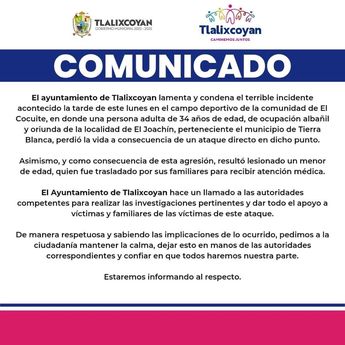 Ayuntamiento de Tlalixcoyan Veracruz lamenta el crimen en partido de béisbol