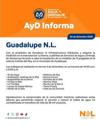 Agua y Drenaje de Monterrey publicó un comunicado en redes sociales. | Facebook