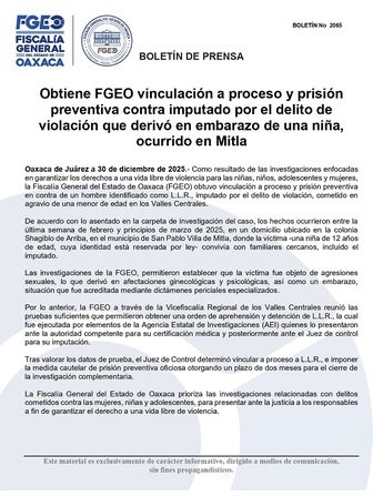 La Fiscalía de Oaxaca notificó la detención y vinculación a proceso del hombre identificado como L.L.R. / Cortesía