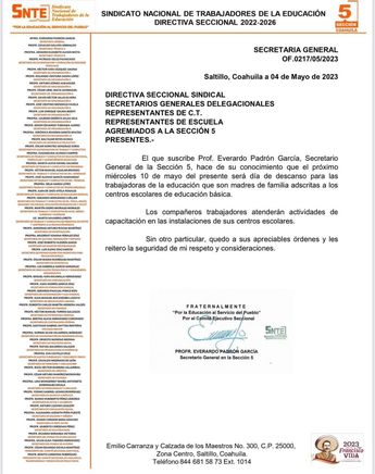 SNTE informá que no habrá clases este 10 de mayo.