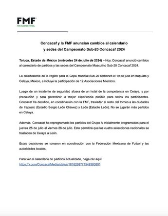 Comunicado de la Concacaf y FMF sobre el cambio de sede del Premundial Sub-20 en Celaya.