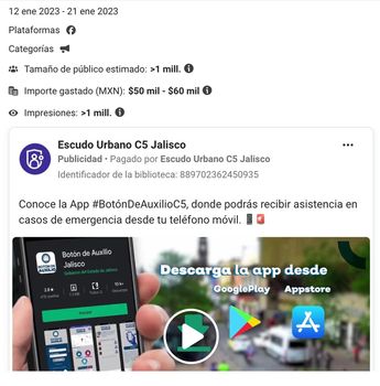 El monto exacto pagado por cada campaña no es un dato público, pero sí un estimado aproximado por anuncio. | Captura de Pantalla Facebok C5 Jalisco