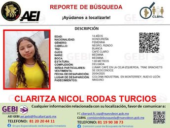 Reporte de búsqueda de Claritza Nicol Rodas Turcios. | Cortesía