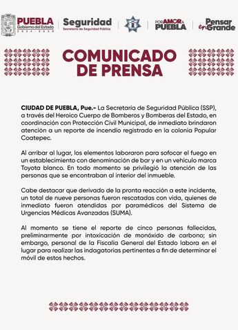 Comunicado del Gobierno de Puebla, luego del ataque al Bar "La Coss" / Redes Sociales