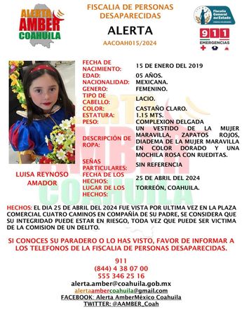 Activan Alerta Amber por Luisa, niña de 5 años desaparecida en Torreón