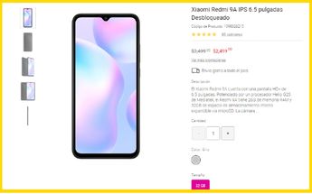 Xiaomi Redmi 9A IPS 6.5 pulgadas Desbloqueado (32 GB) $2,499 / Liverpool