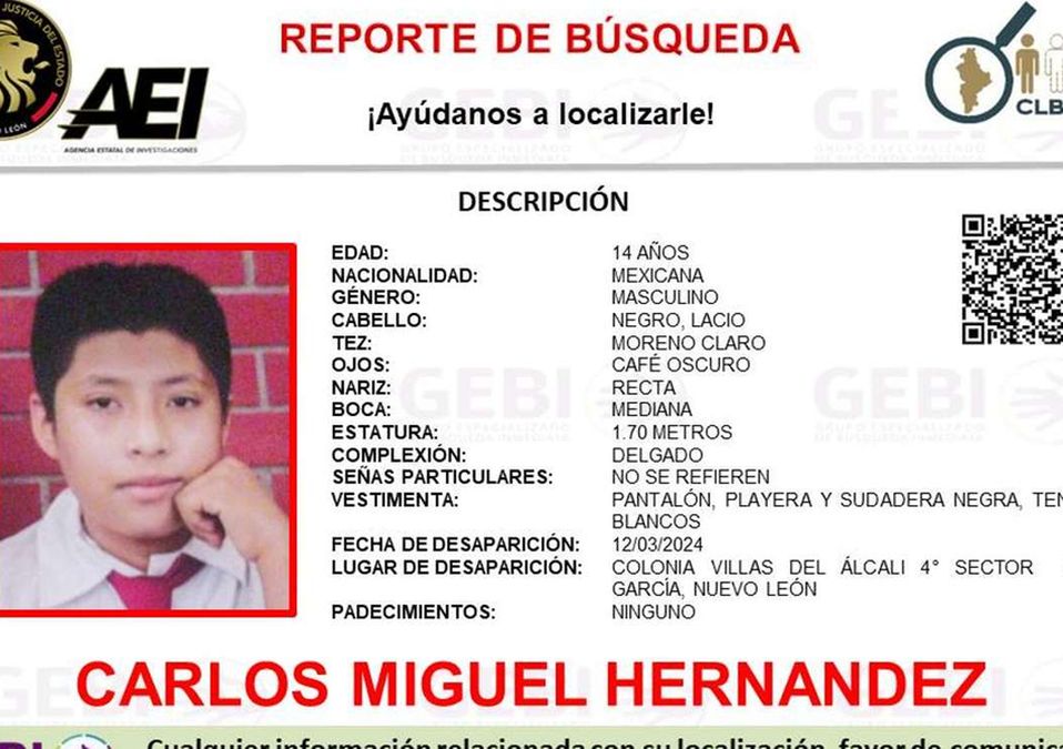 Carlos Miguel Hernández desapareció el 12 de marzo en García. | Cortesía