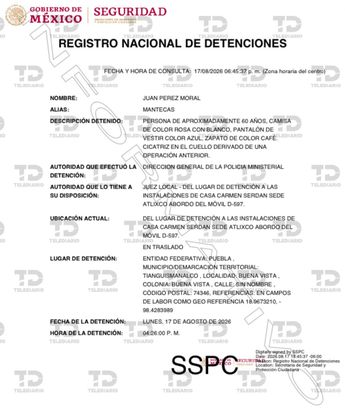 Juan Pérez fue detenido la tarde de este lunes 17 de agosto, según el Registro Nacional de Detenciones / Especial
