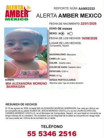 Ficha de búsqueda de la bebé Mía Alexandra. | Fiscalía de Nayarit