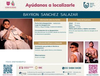 Como señas particulares, Bayron Sánchez tiene una greca en la ceja izquierda y varios tatuajes | Instagram: cbusquedacdmx