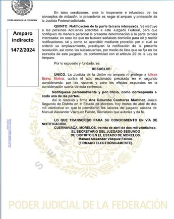 En el expediente 1472/2024 se indica que la Justicia de la Unión no ampara ni protege a Ulises Bravo | Guillermo Hinojosa