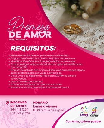 Estos son los requisitos para participar en las bodas comunitarias en Saltillo 2026. | DIF Saltillo