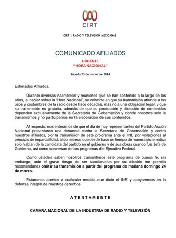 La CIRT pidió a sus agremiados no transmitir la emisión de La Hora Nacional este domingo