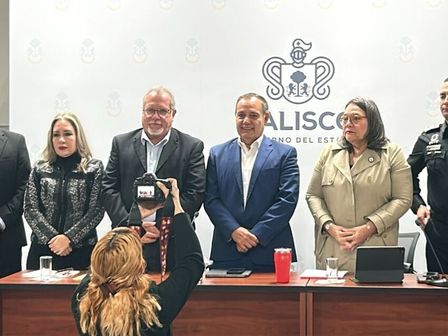 Altos funcionarios de seguridad de Jalisco durante la rueda de prensa realizad este jueves | Sergio Ortiz