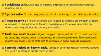 Tabla de recomendaciones de envío de remesas a México / Condusef