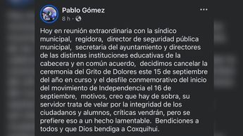 El presidente municipal de Coxquihui, Juan Pablo Gómez, anunció la suspensión de fiestas patrias por violencia | Facebook