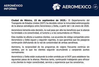 A través de sus redes sociales Aeroméxico publicó un comunicado sobre la alianza con Delta / Cortesía