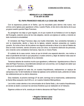 Comunicado Arquidiosesis de Monterrey. | Especial