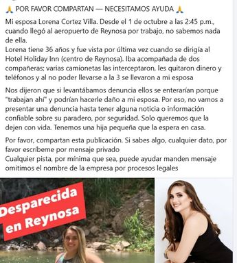El esposo de Lorena Cortez pide el apoyo de la comunidad para localizarla. | Especial