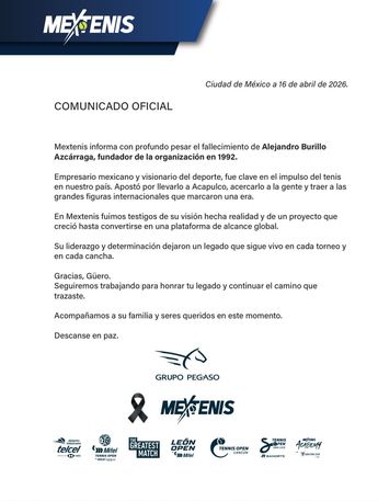 Comunicado de Mextenis por la muerte de Alejandro Burrillo Azcárraga. / Cortesía