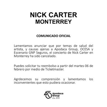Comunicado sobre concierto de Nick Carter / Especial