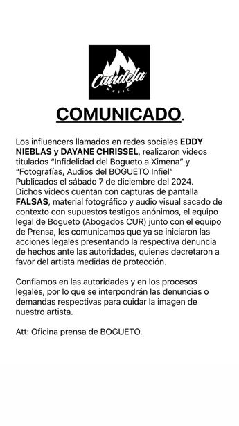 Comunicado de agencia del Bogueto informa denuncia a influencers