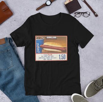 Playeras alusivas al combo de hot dog y refresco del Costco se venden en Internet. | Cortesía