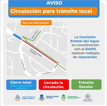 Mapa del cierre por las obras en la Av. Ávila Camacho. | Secretaría del Agua Jalisco