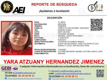Ficha de búsqueda de Yara Atzuany Hernández Jiménez. | Cortesía