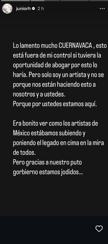 El cantante escribió la respuesta al gobierno en sus historias de redes sociales. | Instagram Junior H
