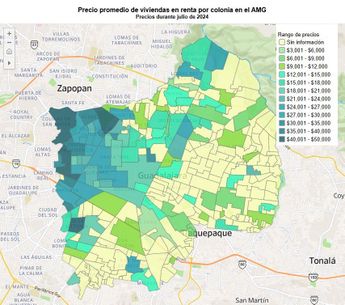 Mapa de costo de la renta en colonias de Guadalajara. | Imagen: IIEG