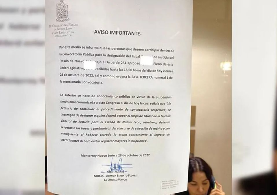 Notifican amparo provisional a Congreso de NL; buscan suspender inscripción para nuevo fiscal
