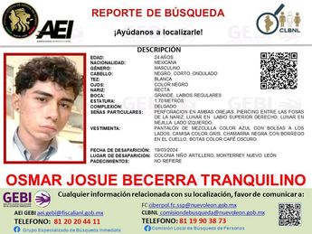 Reporte de búsqueda por la desaparición de Osmar Josué Becerra Tranquilino. | Cortesía