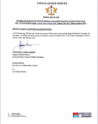 Comunicado que informaba la desaparición del helicóptero en Ghana | Gobierno de Ghana