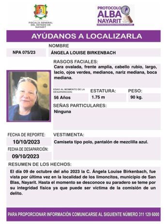 Ficha de búsqueda de Ángela Birkenbach emitida en 2023 | Fiscalía de Nayarit