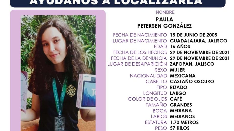La Fiscalía de Nuevo León también está atenta a la búsqueda de Paula Petersen González, menor de edad que desapareció en Jalisco.