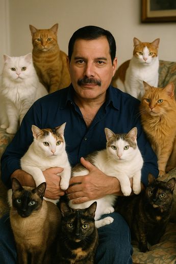 El álbum de solista de Mercury está dedicado a su gato Jerry, con una nota que dice "y a todos los amantes de los gatos en todo el universo" (Sora IA)