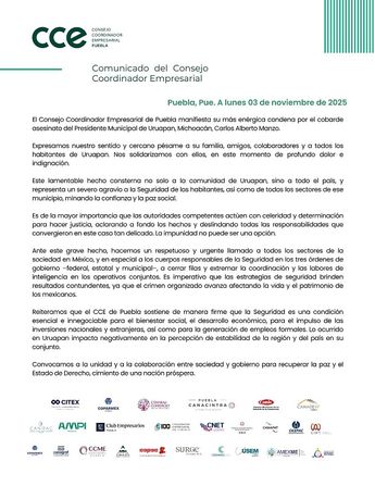 "La impunidad no puede ser una opción", indicó la CCE Puebla tras el asesinato del alcalde de Uruapan / Cortesía