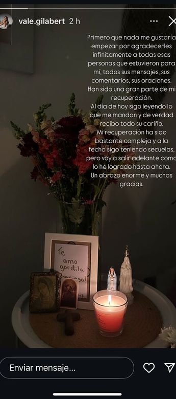 Gilabert, se apoderó de sus redes sociales y escribió un mensaje de agradecimiento a sus seguidores por estar pendiente de ella.