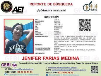 Reporte de búsqueda de Jenifer Farías Medina. | Cortesía