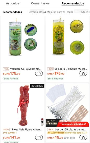 Veladoras que se venden en Shein